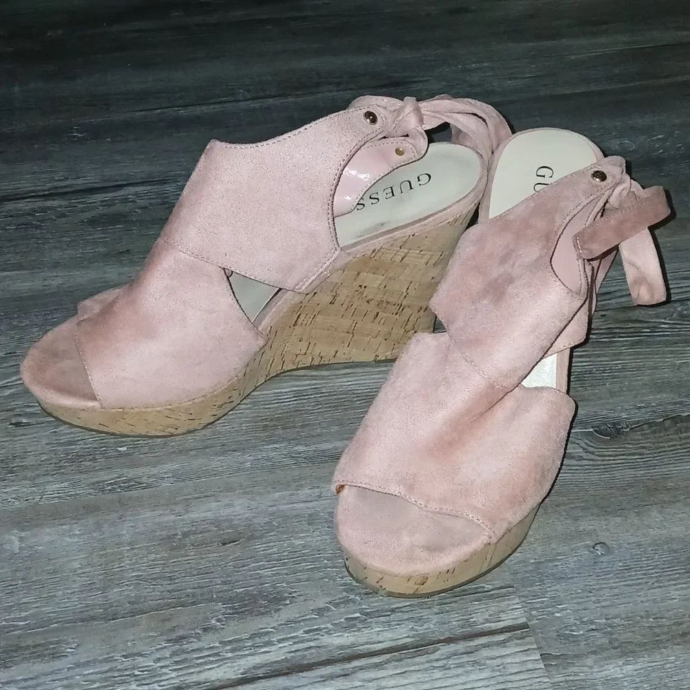 Guess dusty rose wrap around wedge kork heels Sz 11